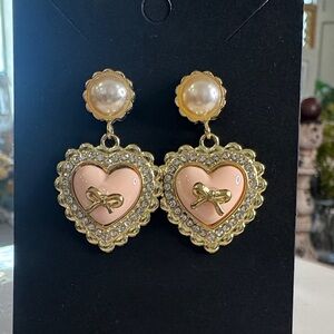 Gold and Pink Heart Pearl Earrings